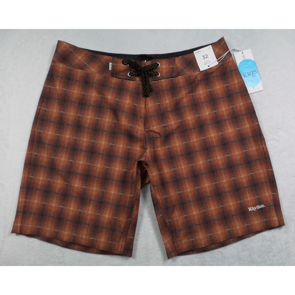 Rhythm Shorts Mens Size 32 Orange Shadow Check Trunk Boardshorts Stretch NWT